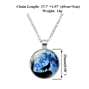 Detailed view of the wolf moon necklace showing the 25mm pendant size and 45cm chain length.