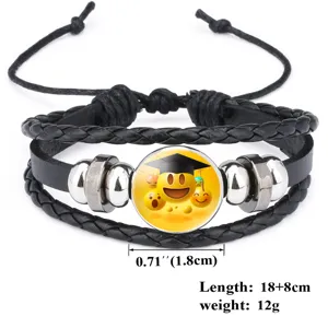 Braided black leather bracelet with Emoji graduation theme pendant detail