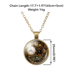 Vintage steampunk pendant necklace with clock gear design and chain length specifications