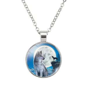 Detailed view of round glass cabochon wolf pendant with moonlit forest design