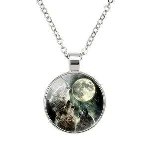Detailed view of the wolf howling at the moon glass cabochon pendant necklace