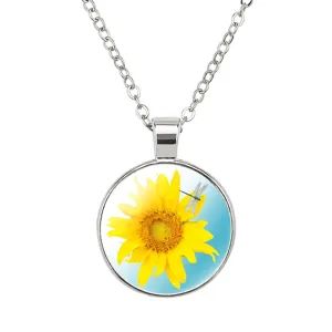 Collier Pendentif Tournesol Chaîne en Acier Inoxydable Cabochon en Verre Tendance Bijoux de Mode Floraux Botaniques Pour Femmes
