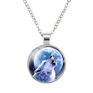 Men Women Stainless Steel Wolf Glass Cabochon Pendant Necklace Vintage Animal Moon Star Long Chain Jewelry Gift