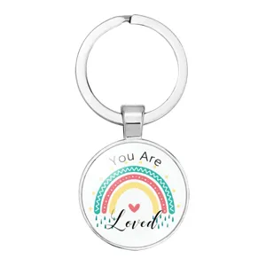 Minimalist Metal Round Keychain With Inspirational Phrase Boho Rainbow Glass Cabochon Key Ring Daily Accessories Gift