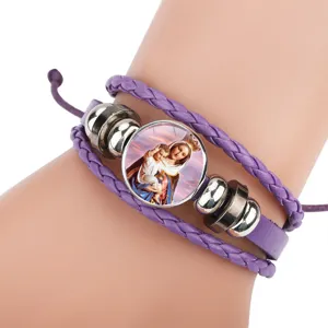 Handmade purple layered cowhide leather bracelet featuring Virgin Mary and Child charm