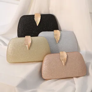 Women Elegant Metal Leaf Clasp Evening Clutch Bag Glitter Sequins Hard Shell Box Small Square Bag Formal Wedding Party Clutch