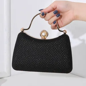 Elegante schwarze Abendtasche mit Glitzer, goldenem Strassgriff und Perlenverschluss