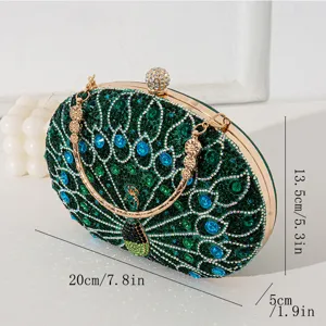 Detaillierte Größenangaben für die Pfauen-Strass-Abendtasche mit goldener Kette.