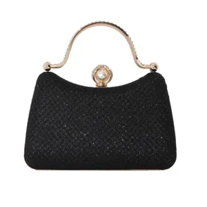 Elegante schwarze Abendtasche mit Glitzer, einem Strassgriff und einem großen Perlenverschluss