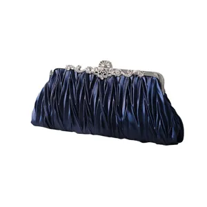 Elegante dunkelblaue plissierte Abendhandtasche mit funkelndem Strassdekor für Hochzeiten