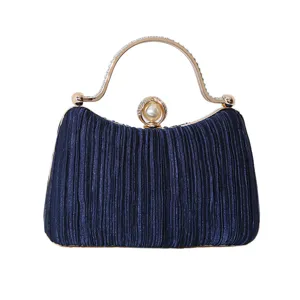 Elegante marineblaue plissierte Abendtasche mit Perlenverschluss und Strassgriff