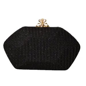 Elegante schwarze Glitzer-Abendtasche für Damen mit dekorativem goldenem Kristallverschluss