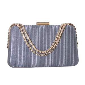 Elegante graue Glitzer-Abendclutch mit Strasskettenriemen und goldfarbenem Verschluss