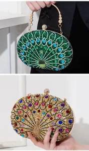 Detailansicht von eleganten Pfau-Strass-Abendtaschen in grünen und goldenen Varianten