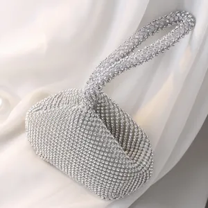 Handmade silver rhinestone evening clutch bag for women with top handle