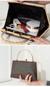 Detailansicht der glitzernden Abendtasche mit Crackle-Effekt und goldenem Griff