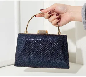 Elegante dunkelblaue schimmernde Hartschalen-Clutch mit goldenem Griff für Abende