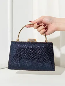 Elegante marineblaue schimmernde Abendtasche mit goldenem Metallgriff für Damen