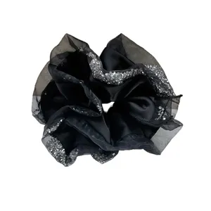 Elegant black satin scrunchie with sparkling rhinestone edges and sheer mesh detail.