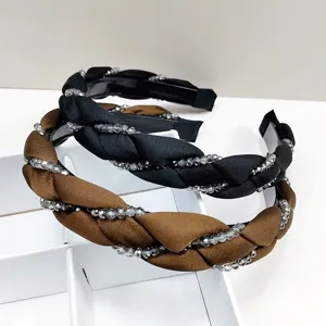 Elegante set di cerchietti intrecciati con cristalli in nero e marrone stile vintage