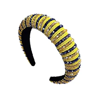 Serre-tête en éponge perlé à la main, design baroque jaune et bleu avec cristaux élégants