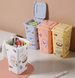 Creative mini trash can pen holders in four colors with cute cartoon animal stickers