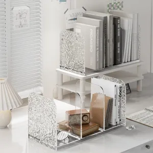 Luxe Gletsjertextuur Acryl Desktop Boekensteunen Transparant 3 Vakken Boekopslag Voor Kantoor School Huis Bureau Organizer