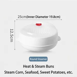Detailed macro view showing the 25cm dimensions of the microwave food steamer container