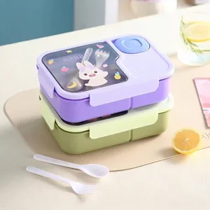 Tragbare geteilte Bento-Lunchbox aus Kunststoff mit Kaninchen-Design und Besteckset