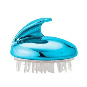 Ergonomic blue metallic scalp massage brush with soft silicone bristles for shampooing