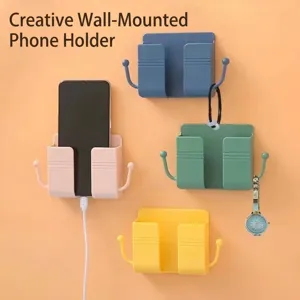 Wall Mounted Mobile Phone Charging Stand Holder Punch Free Bedside Storage Rack Remote Control Organizer Hooks ABS Plastic Shelf