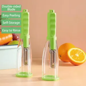 Edelstahl-Gemüseschäler mit transparentem Auffangbehälter und ergonomischem grünen Griff