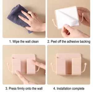 Wall-mounted phone charging holder storage rack installation steps with adhesive