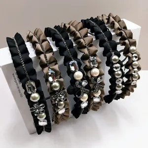 Elegant Ruffle Satin Headband with Artificial Pearl Crystal Bow High-End Hair Band for Women Fashion Luxury Hair Accessories