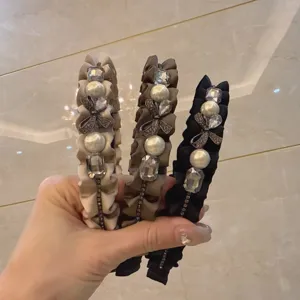 Elegant pleated lace headbands decorated with pearls and crystals in three colors