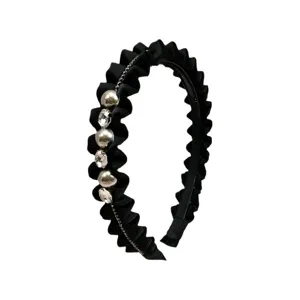 Elegant black ruffled headband with sparkling crystals and silver pearls hair accessory