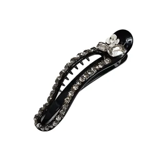 Elegant black duckbill hair clip with sparkling grey rhinestones and white flower accent