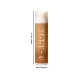 Vista macro detallada del frasco de loción autobronceadora Petalane 200ml con sus dimensiones