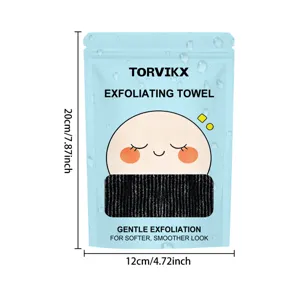 Black nylon exfoliating bath towel in blue cartoon packaging showing 20x12cm dimensions