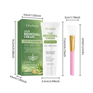 Detailed dimensions of OceAura hair removal cream tube, box and application brush set.