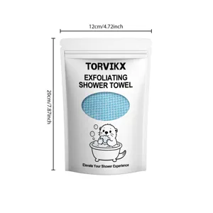 Detailed dimensions of TORVIKX exfoliating shower towel in a 12x20cm pouch
