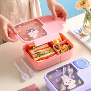 Tragbare unterteilte Brotdose aus Kunststoff mit Kätzchen-Motiv und Besteck-Set dabei