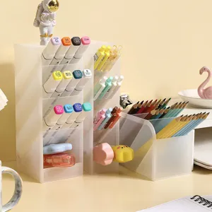 Portapenne da Scrivania Inclinato a 4 Scomparti Organizer in Plastica Opaca Paglia di Grano per Ufficio e Scuola
