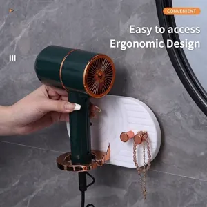 Light Luxury Wall-Mounted Hair Dryer Holder Foldable Punch-Free Bathroom Storage Rack Multi-Functional Adhesive Blower Bracket Organizer