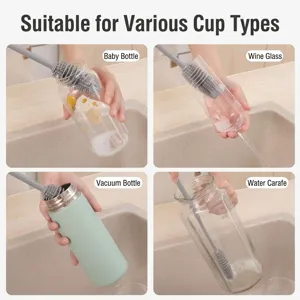 Versatile long handle silicone brush tool for cleaning baby bottles, wine glasses, and flasks