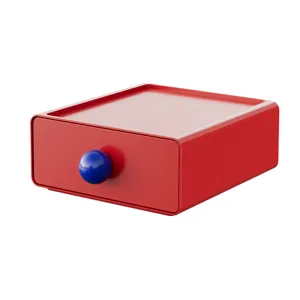Minimalist red dopamine style desk organizer with blue ball handle and dustproof drawer