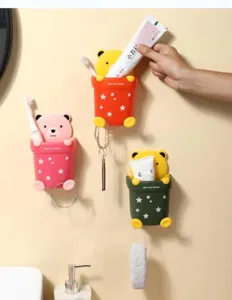 Cute cartoon bear wall-mounted bathroom storage cups for toothbrushes and pastes