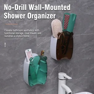 Wall-mounted cute bear toothbrush holder and toothpaste organizer for punch-free bathroom storage