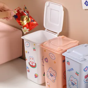 Cute cartoon desktop mini trash bin with lid for office desk and home storage use