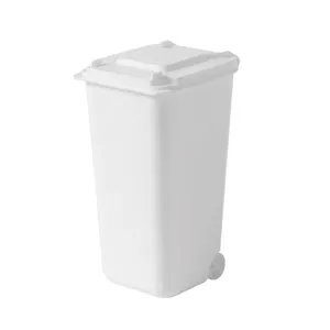 Minimalist white mini desktop trash can storage bucket with flip lid and small wheels